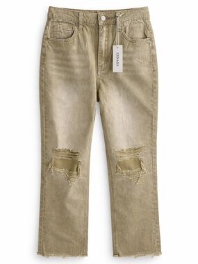 Zenana Wide Leg Crop Jeans Olive High Rise Distressed Raw Hem Size 26 NWT